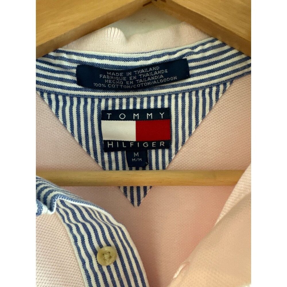 Tommy Hilfiger Mens Pink Polo Shirt Size M 100% Cotton Short Sleeve Striped Coll - Picture 2 of 3